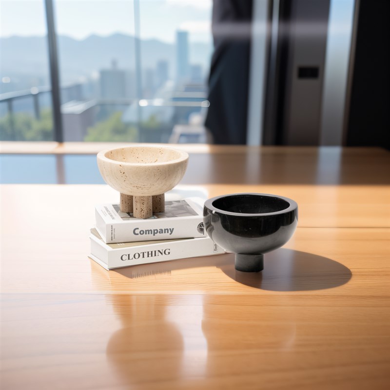 侘寂风天然大理石高脚果盘茶几收纳盘客厅餐桌创意黄洞石果碗摆件