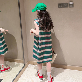 女童夏季T恤裙2023新款中大童条纹长t儿童洋气无袖连衣裙背心裙子