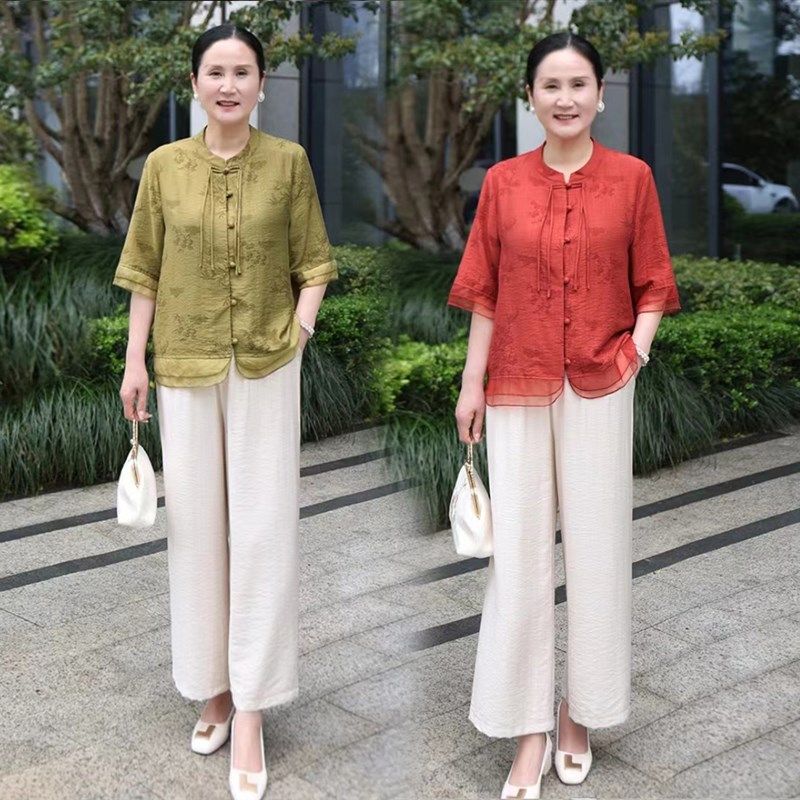 中年妈妈装新中式夏装套装洋气衬衫女中袖气质中老年夏季时尚上衣,女装/女士精品,时尚套装,淘宝优惠券,粉丝福利购,淘宝优惠卷