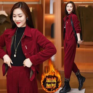 冬季新款灯芯绒时尚套装2024时尚洋气质加绒加厚女装两件套小个子