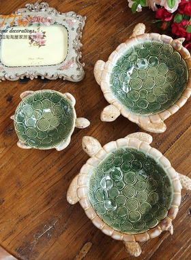 可爱彩色釉陶瓷摆件小乌龟盆钥匙糖果盘烟灰缸镇宅工艺品