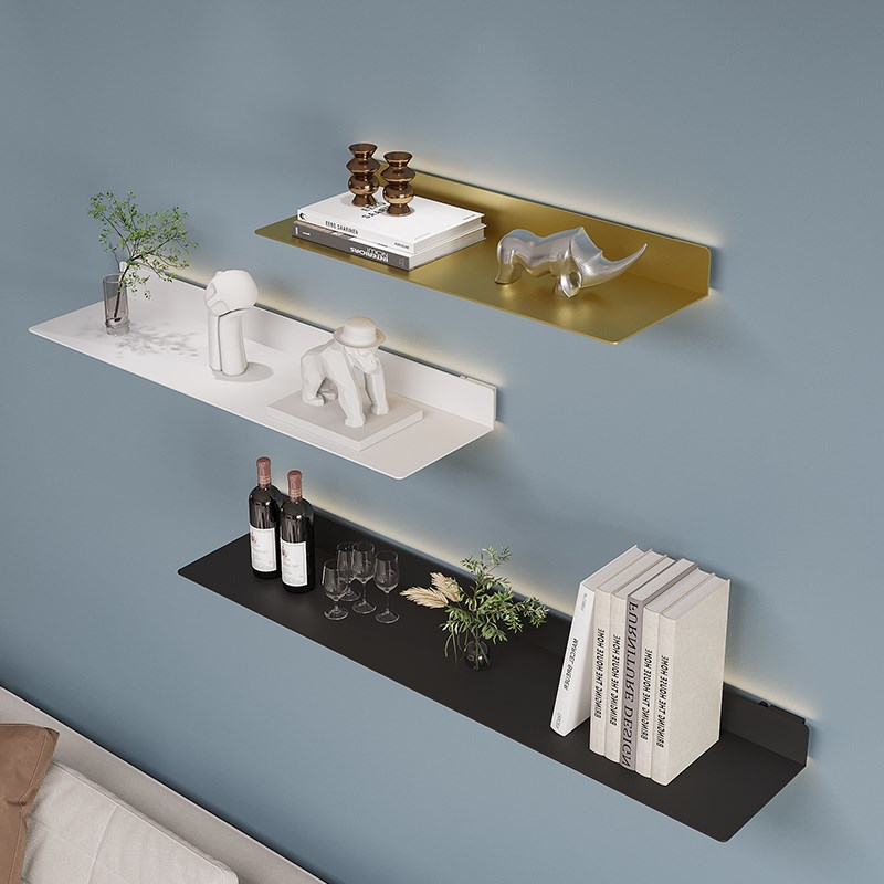 简约铁艺发光置物架墙上收纳LED带灯一字隔板商场鞋包壁挂展示架