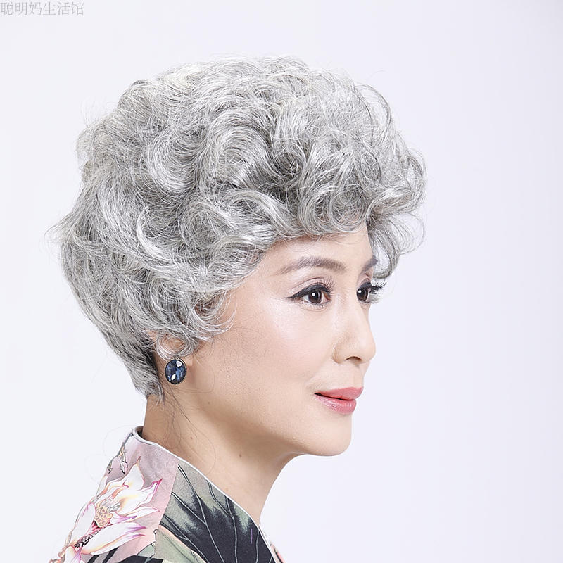 中老年女士花白色短卷发 白色假发表演用道具发套舞台假发 花白