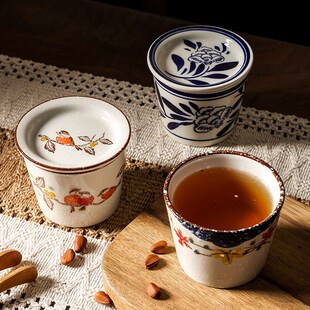 主人杯青花瓷日式陶瓷茶杯带盖茶碗复古咖啡杯喝茶小杯子猪口杯杯