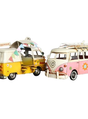 复古铁皮怀旧房车露营车模型大众巴士车摆件儿童房咖啡店铺装饰品