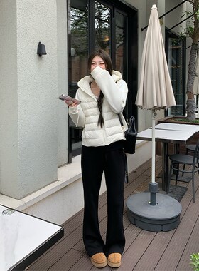 NAZ那子大码冬季新款黑色显瘦高腰微喇休闲裤胖mm直筒时尚加绒裤