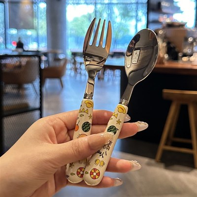 【老板娘家里自用可爱】不锈钢干饭勺叉陶瓷手柄 儿童饭勺叉