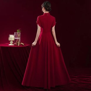 大合唱团演出服女长裙红色主持人红歌诗朗诵旗袍比赛十一晚礼服装