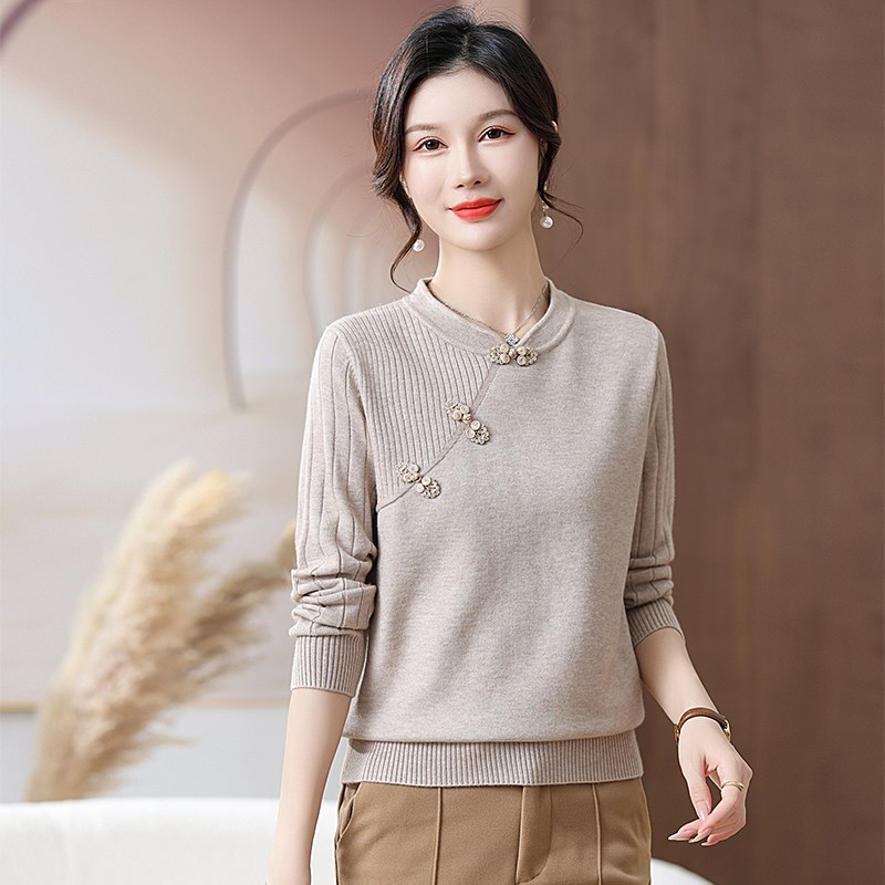 妈妈秋装上衣国风新中式中老年女秋冬针织小衫红色毛衣羊毛打底衫