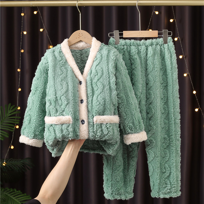 儿童加厚睡衣宝宝秋冬季加绒法兰绒家居服珊瑚绒男童女孩加绒套装