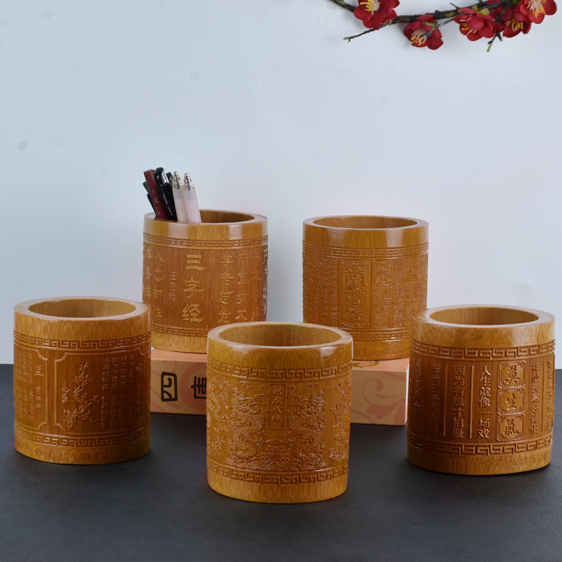 桌面收纳竹制收纳毛笔笔筒竹子碳化笔筒文房四宝创意碳化笔筒摆件