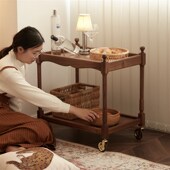 物应克洛斯小推车黑胡桃木实木可移动沙发边几带轮角几收纳置物柜