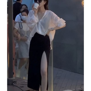 后绑带开叉白衬衫防晒衣女夏薄款小众透气厅里厅气音乐节开衫外套