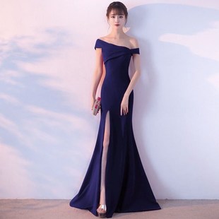 晚礼服春秋季高档宴会高贵斜肩年会名媛长款鱼尾一字肩鱼尾连衣裙