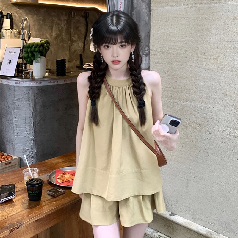 小个子法式高级感无袖挂脖衬衫上衣女夏季休闲宽松短裤两件套装女
