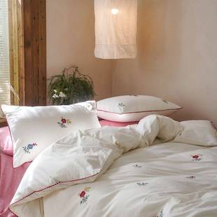 田园风全棉水洗棉四件套少女心玫瑰刺绣被套纯棉粉色床单床上用品