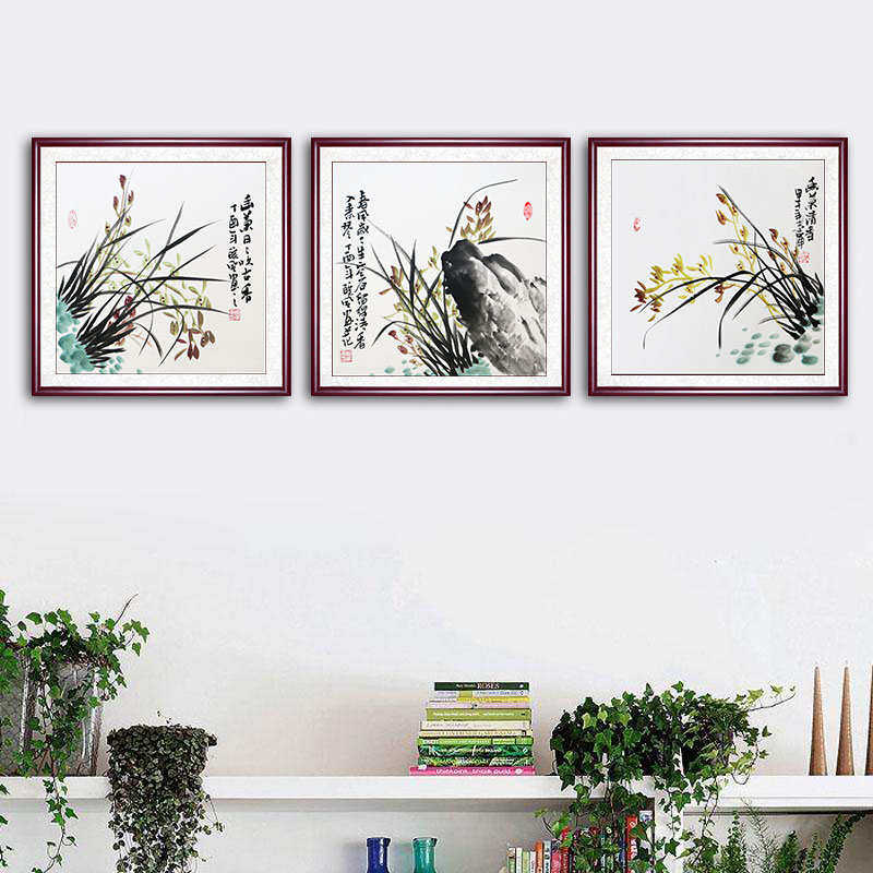 客厅三联画手绘国画兰花装饰画中式挂画遮梅兰竹菊电牡丹新餐厅箱