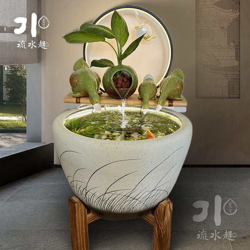 生态鱼缸陶瓷罐开口循环流水配件庭院花园造景装饰品增氧过滤摆件