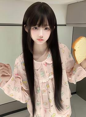 轻丝假发女长发85cm网红lolita长直发自然黑色齐刘海全头套jk少萝