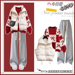 冬季大童女装12-15岁红色毛衣马甲三件套13初中学生14网红套装16