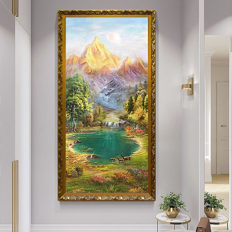 欧式手绘山水油画竖版玄关装饰画美式客厅走廊过道风景金山聚宝盆