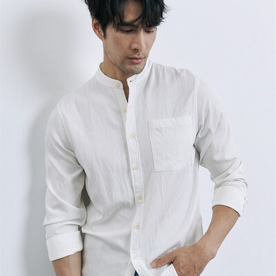 秋季新款休闲立领衬衫男士多口袋设计感简约上班宴会商务白衬衣潮