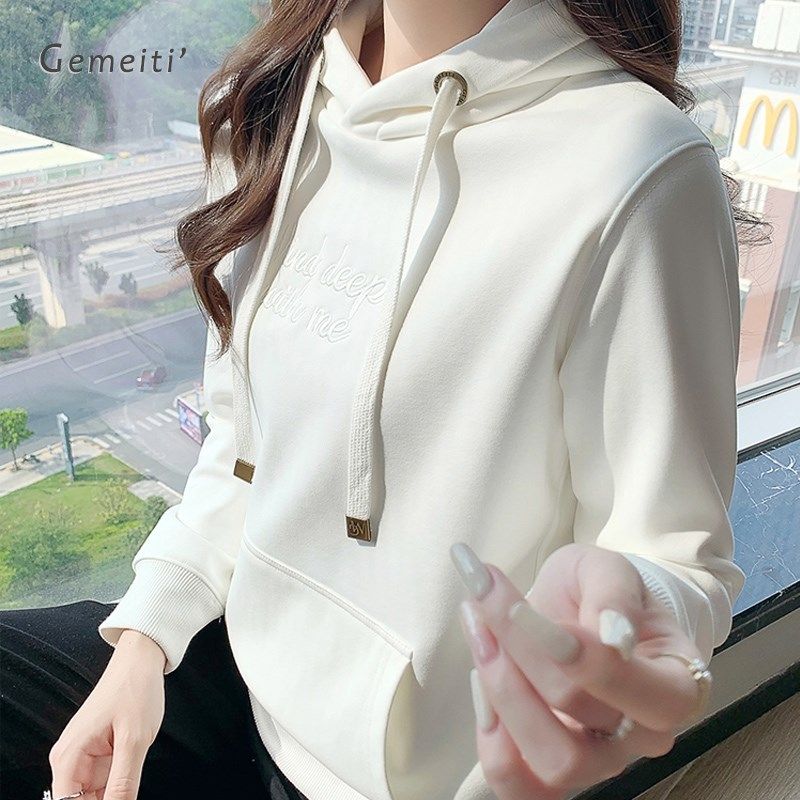 连帽套头卫衣女秋冬纯棉加绒修身显瘦短款小个子打底内搭加厚帽衫