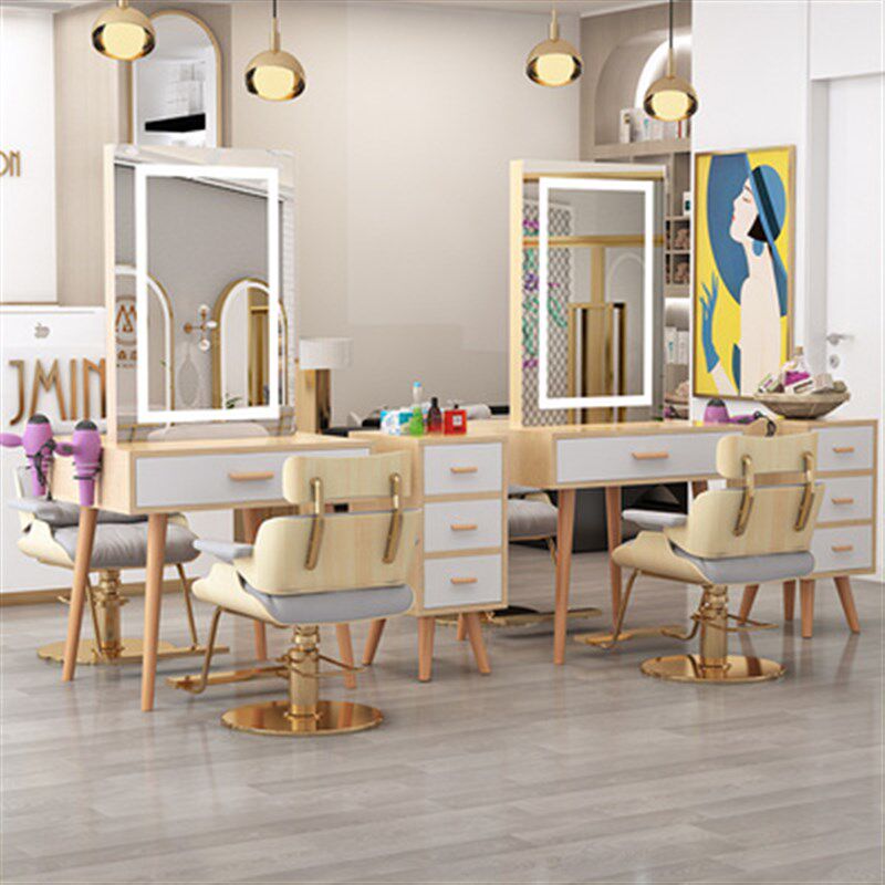 实木北欧理发店单双面镜台带灯网红美容化妆镜发廊家用潮款美发镜
