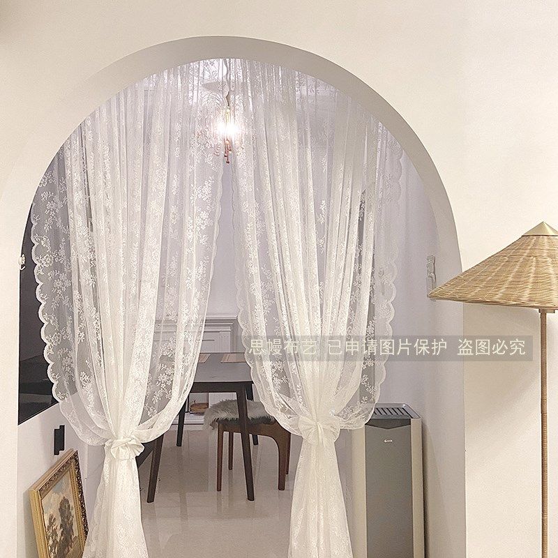 蕾丝窗纱帘田园韩式美式法式镂空卧室门帘短帘隔断魔术贴免打孔