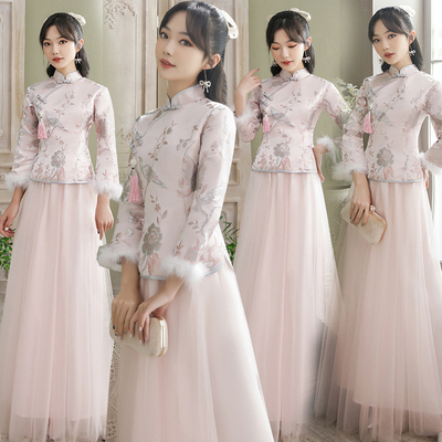 伴娘服中式姐妹团宴会礼服中国风显瘦2021秋冬大码加厚闺蜜伴娘裙