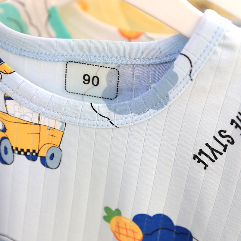 儿童冰莫棉薄款七分袖家居服男童女童空调服夏季圆领睡衣时尚透气