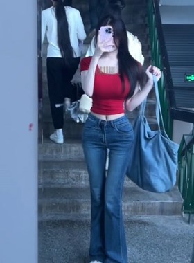 法式绝美u领红色短袖t恤女夏季修身紧身气质小众收腰甜辣短款上衣