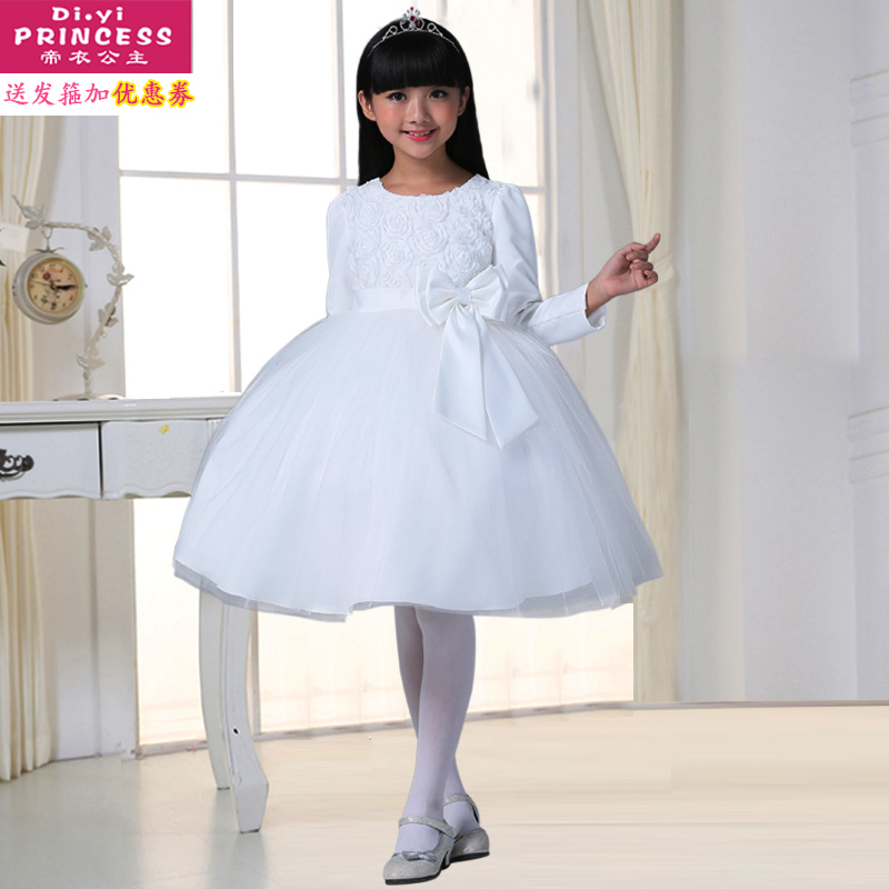 新款童装女童连衣裙儿童礼服公主裙夏演出蓬蓬裙白色婚纱裙子主持