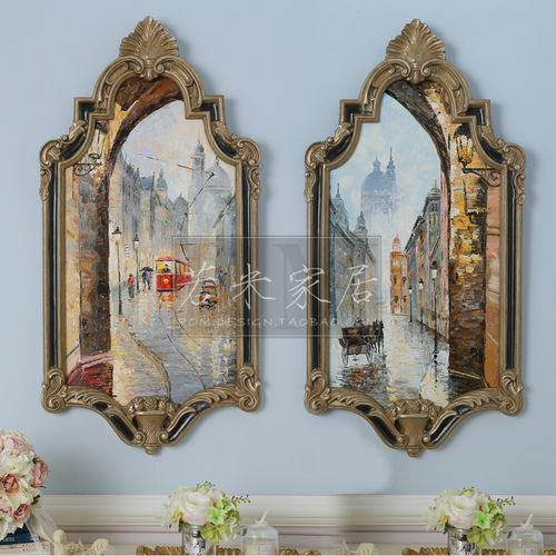 50x99美欧式沙发背景墙玄关挂画刀画笔触建筑马车街景油画纯手绘