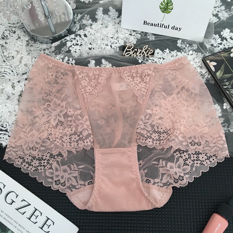 春季新款桔色大码中腰性感蕾丝内裤粉色胖mm舒适包臀网纱三角裤头
