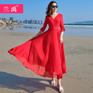 三亚红色沙滩裙短袖 连衣裙波西米亚长裙巴厘岛海边度假裙子女 长款