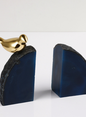 书房办公室桌面天然玛瑙轻奢摆件黄铜小鸟水晶书档靠立样板间装饰