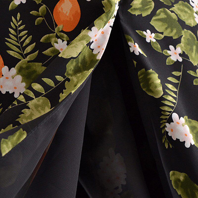 【包邮】复古叶子橘子碎花双肩系带露肩高开叉设计中长度假连衣裙