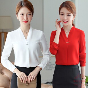 雪纺衬衫女2021秋冬款长袖工作服V领西装内搭白色衬衣无领ol套装