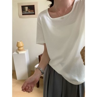 2024夏季敲好穿简约气质小方领短袖t恤显瘦百搭休闲t恤衫上衣女