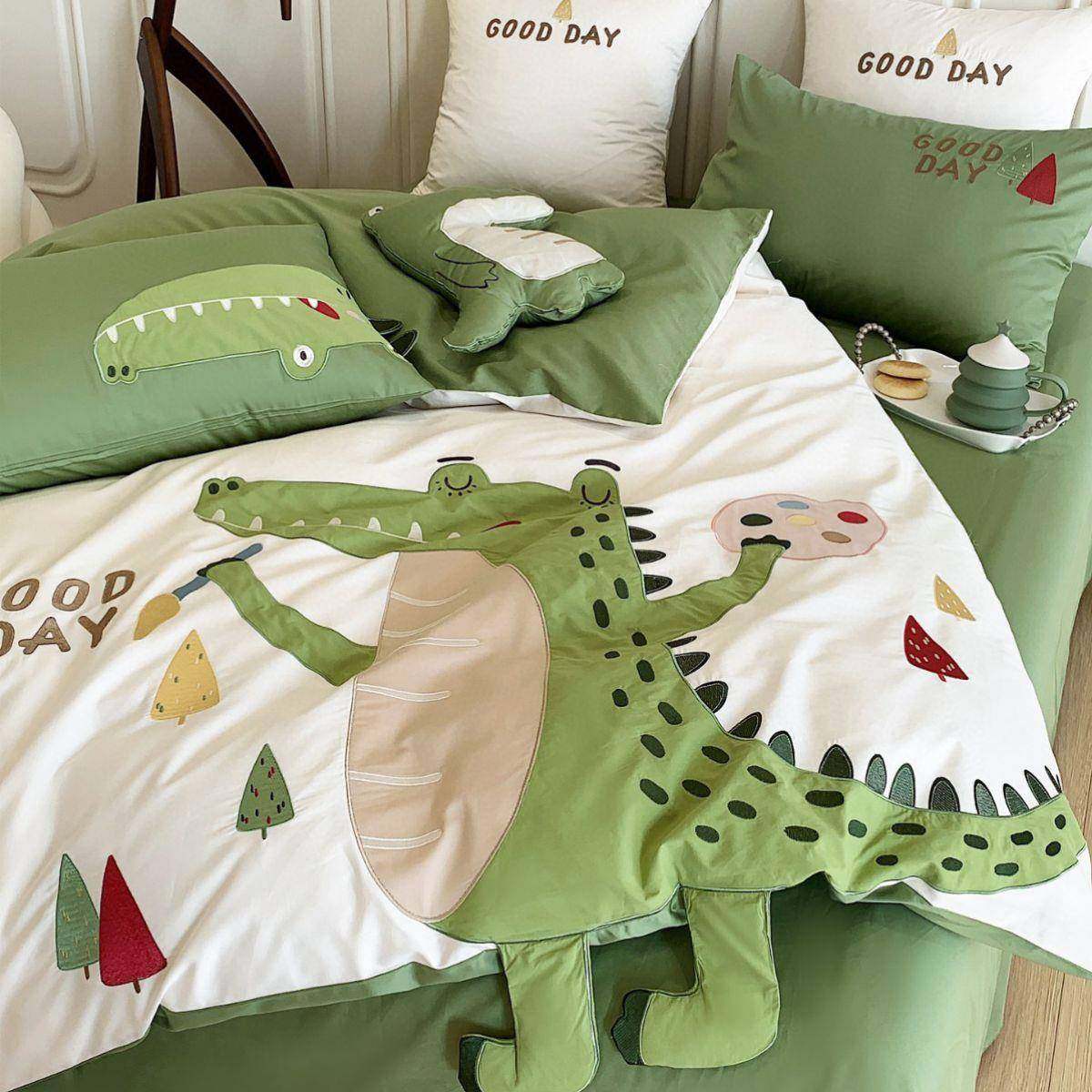 男孩儿童可爱纯棉刺绣床上四件套恐龙卡通全棉被套高档100S长绒棉