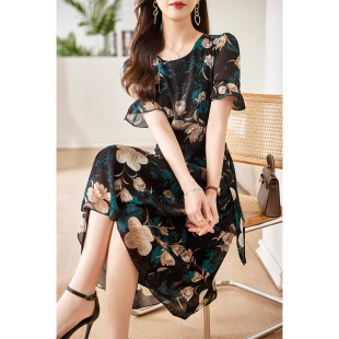 洋气过膝长裙收腰显瘦大码 雪纺碎花连衣裙女2023新款 裙子 短袖 夏季