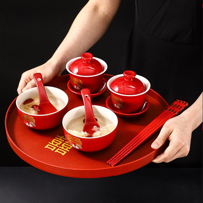 结婚敬茶托盘婚礼用品红色喜茶盘糖果烟盘彷木质新娘婚庆敬酒盘子