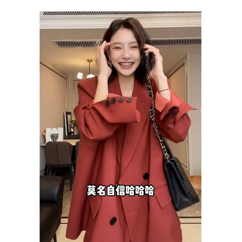 大码穿搭砖红色职业西装套装女气质名媛胖mm春秋高级感御姐两件套