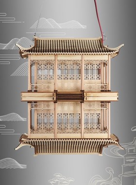 新中式创意实木古建筑模型亭子造景悬挂镜像吊饰样板房酒店摆件