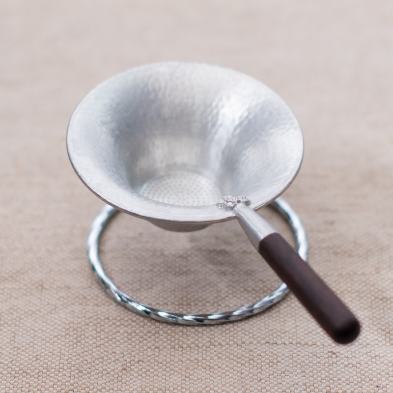 锡制锤纹檀木柄茶滤三足茶滤底托家用茶渣隔离器功夫茶具茶道配件