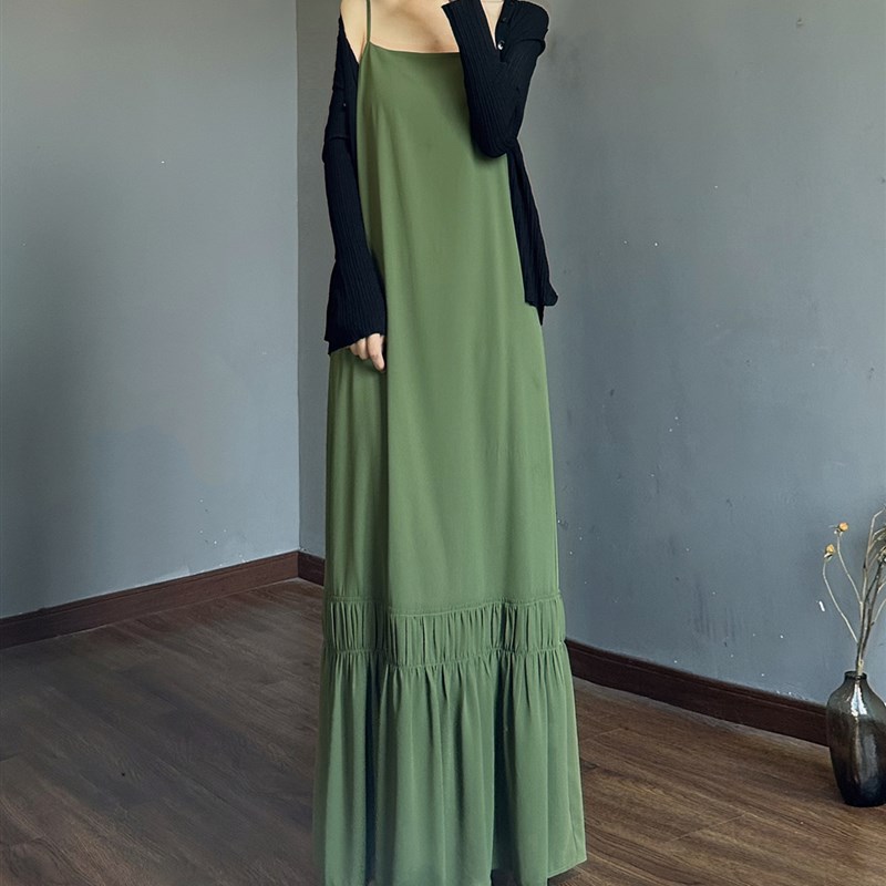 法式绿色吊带连衣裙女夏 雪纺垂坠感及踝长裙 一字领平口鱼尾裙子