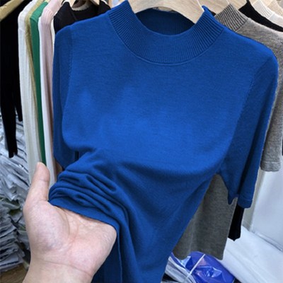 大码中袖春秋洋气半高领打底衫t恤女内搭五分袖百搭针织衫深灰色