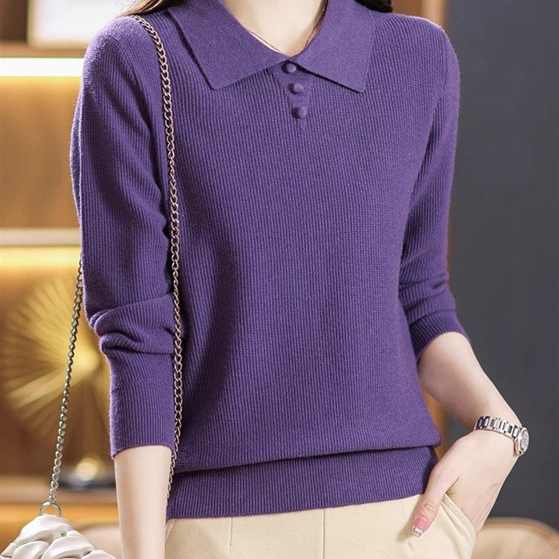 翻领针织打底衫春秋羊毛上衣洋气妈妈秋装2024新款毛衣女时尚宽松