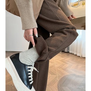 加长小个子直筒加绒休闲长裤 秋冬窄版 女2024新款 人字纹毛呢阔腿裤